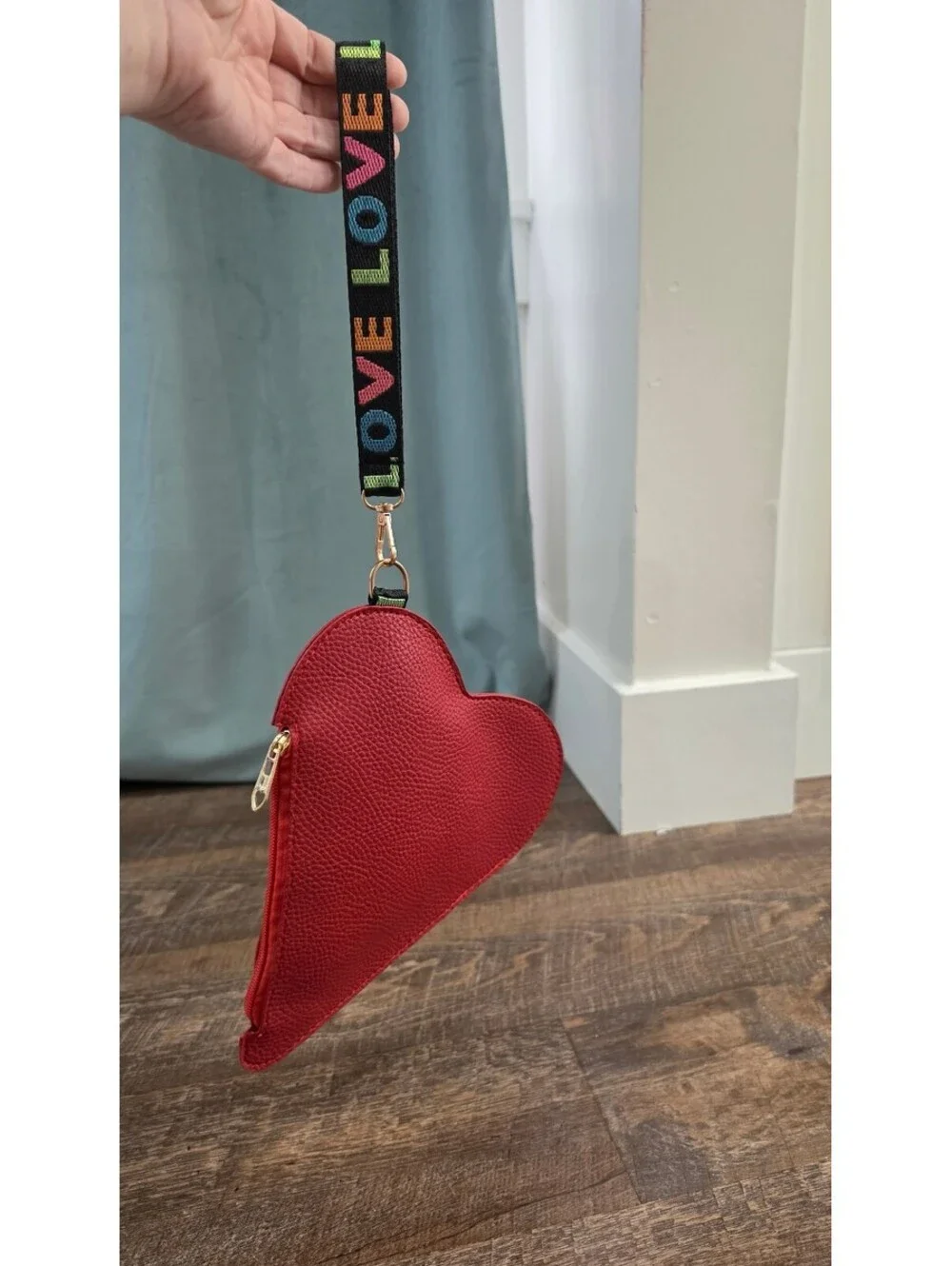 Red Heart Shaped Wristlet Bag with LOVE Strap